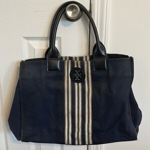 Tory Burch Large Navy Ella Striped Canvas Tote